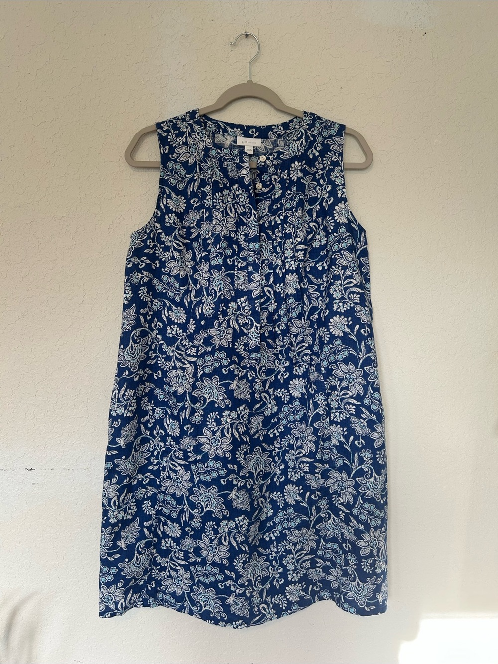 J. Jill Love Linen Resort Wear Floral White & Blue Shift Sleeveless Mini Dress, - Picture 3 of 7